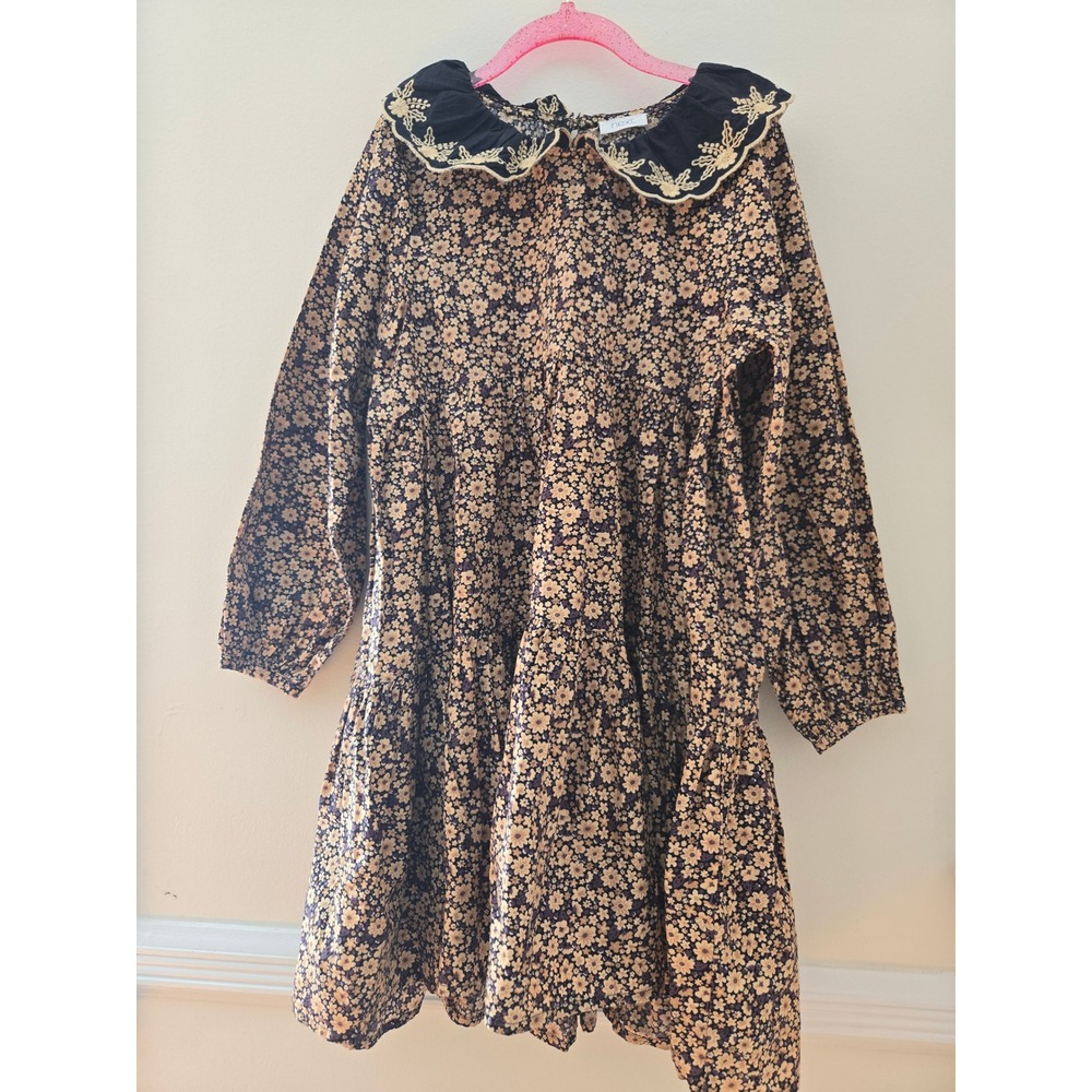 Next Kids Floral Tiered Dress Embroidered Peter Pan Collar Yellow Purple 7 Years